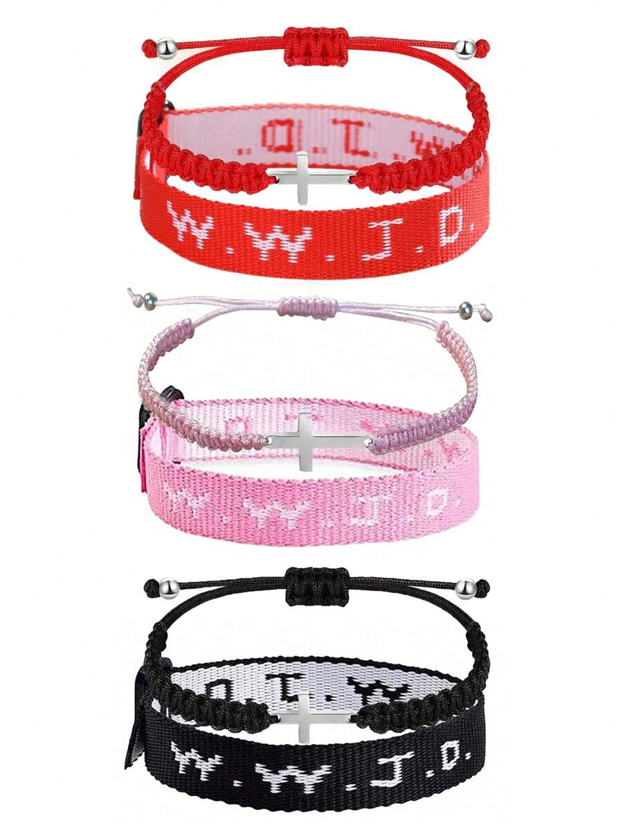 2 件 Wwjd 字母提花针织腕带手链和装饰编织手绳手链男女通用运动腕带 - WWJD - 查看 1