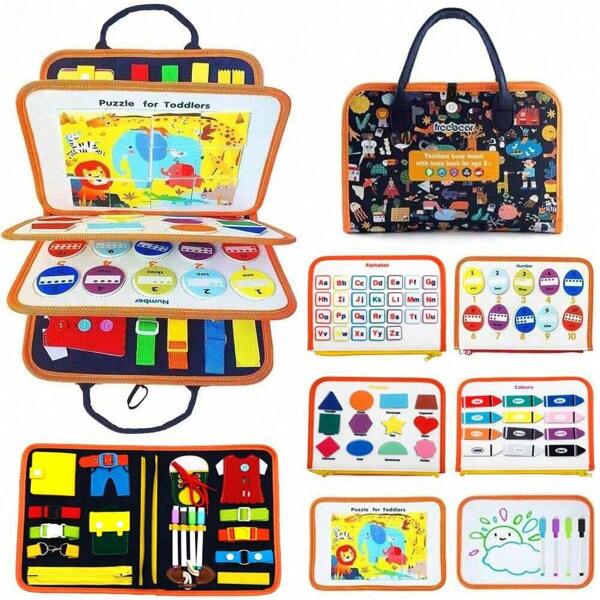 1 Stück Montessori Frühpädagogisches Lernspielzeug, sensorisches Aktivitätsentwicklungsboard für Kleinkinder, Vorschul Stille Buch Beschäftigungsboard Tasche, mit Malboard [Verfügt über Kindergeftifikat]