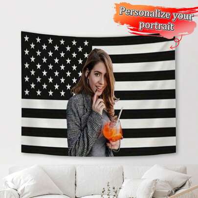 1 pièce Tapisserie portrait personnalisé DIY du drapeau américain noir, drapeau américain créatif personnalisé en polyester décoratif pour accrocher au mur, décoration murale pour salon, chambre, bureau, maison, décoration de pièce, décoration de fête. Respirant, léger, lavable, mignon, amour, brillant, doux, confortable, élégant, personnalisé, unique, pour lui, pour elle, petit ami, petite amie, papa, maman, famille, amis, choix de saison, rafraîchissement d'automne à la maison, maison scandinave confortable, grâce hivernale, décoration d'automne, ambiance chaleureuse, pour la famille