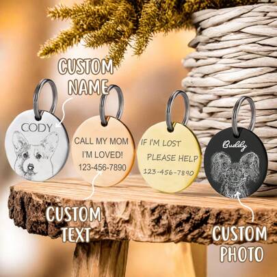 1 buc Etichete de identificare personalizate pentru portrete de animale de companie - Etichete rotunde personalizate gravate cu logo și număr pentru zgardă de câine și pisică