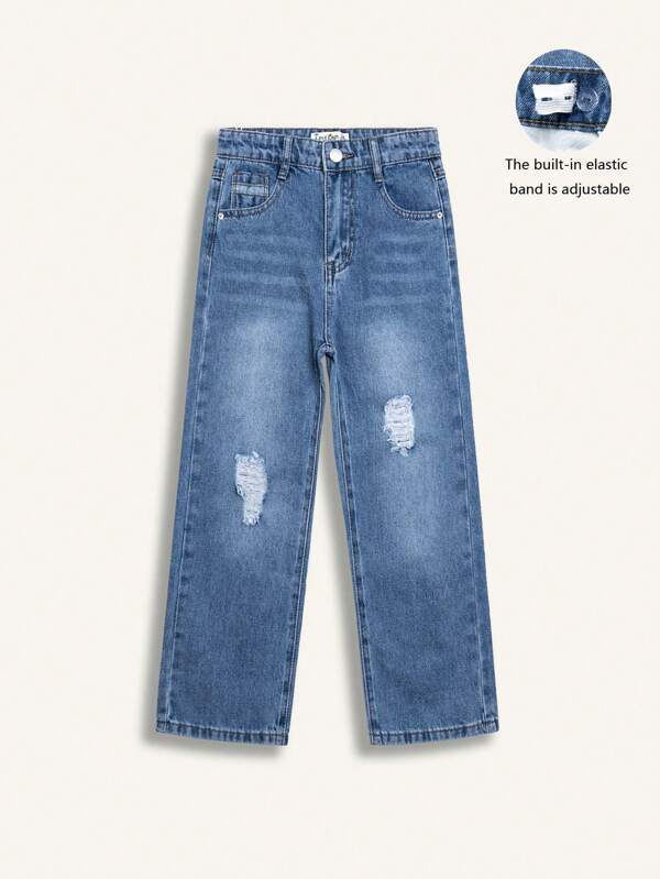 Girls Straight Leg Jeans, Pure Cotton Denim, Dark Wash, Multiple Distressed Details, Elastic Waistband, Straight Leg, Suitable For All Seasons