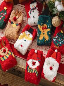 1 Pair Christmas Socks For Women, Coral Fleece Thick Warm Christmas Sleep Socks, Cartoon Half Fleece Floor Socks Home Decor Christmas Decorations Room Decor Winter