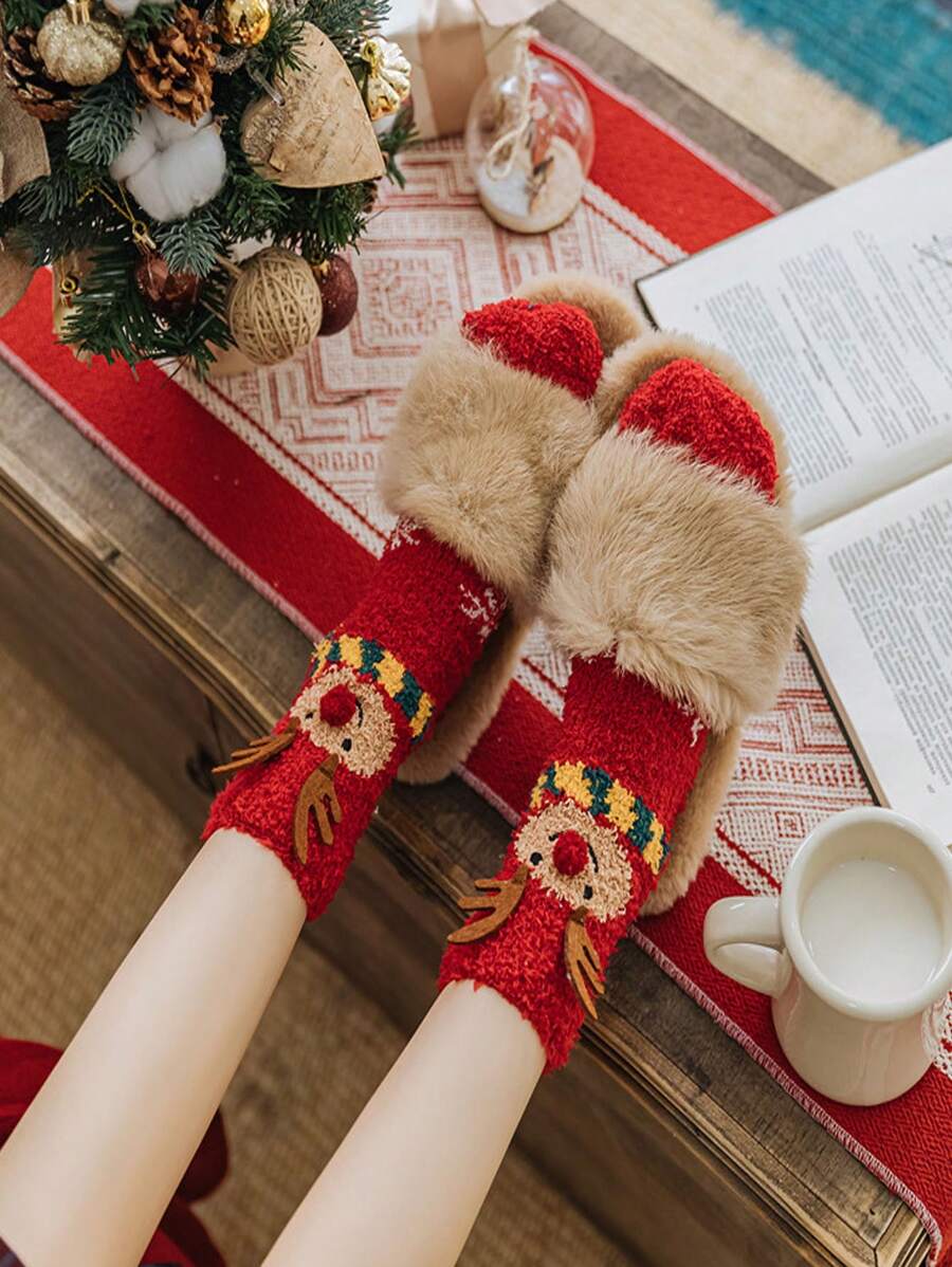 1 Pair Christmas Socks For Women, Coral Fleece Thick Warm Christmas Sleep Socks, Cartoon Half Fleece Floor Socks Home Decor Christmas Decorations Room Decor Winter