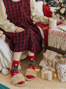 1 Pair Christmas Socks For Women, Coral Fleece Thick Warm Christmas Sleep Socks, Cartoon Half Fleece Floor Socks Home Decor Christmas Decorations Room Decor Winter