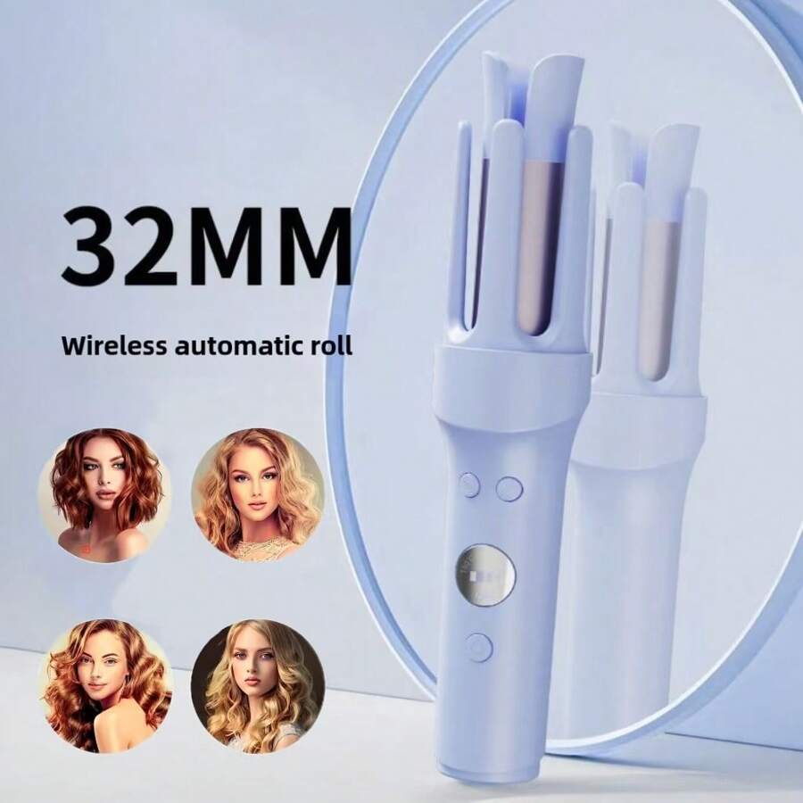 卷发器、平板夹、卷发器、卷发器、无线自动卷发器、可充电自动卷发器、可调节温度、便携式无线美发工具、母亲节礼物、女性礼物、圣诞节礼物、新年礼物、陶瓷旋转卷发筒、3 种可调节温度设置、可充电、便携式、快速加热造型器，具有自动关闭功能