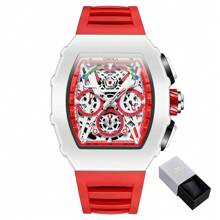 ONOLA Brand Chronograph Quartz Watch For Men Tonneau Dial Sport Waterproof Wristwatch Milk White Silicone Strap Auto Date Watch - 紅色 - 查看 1