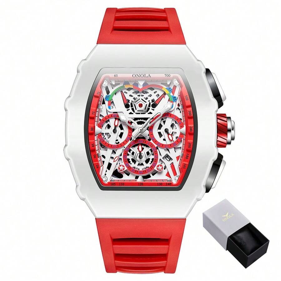 ONOLA Brand Chronograph Quartz Watch For Men Tonneau Dial Sport Waterproof Wristwatch Milk White Silicone Strap Auto Date Watch - 紅色 - 查看 1
