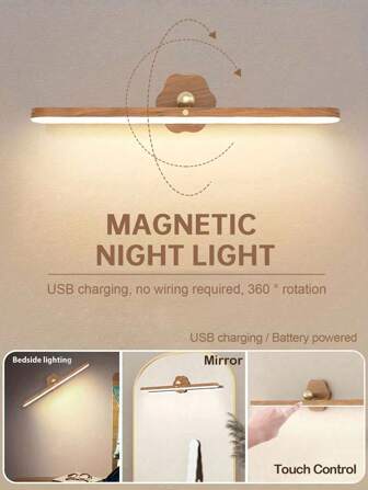 Lámpara de espejo magnética recargable LED con rotación de 360°, luminosidad atenuable con control táctil de 2 niveles, luz de tocador de noche para sala de estar, dormitorio, gabinete, iluminación de relleno (recargable o con batería)