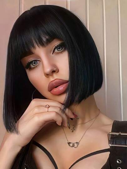 Peluca de cabello corto con flequillo, fibra química resistente al calor, peluca para uso diario, natural y negra, estilo dulce y lindo para mujeres, ideal para fiesta y baile de graduación