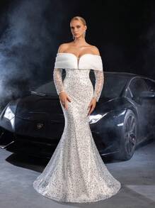 Faeriesty Off Shoulder Sweetheart Neck Mermaid Hem Sequin Wedding Dress - White - View 2