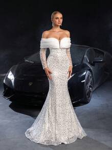 Faeriesty Off Shoulder Sweetheart Neck Mermaid Hem Sequin Wedding Dress - White - View 6