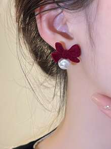 1pair Niche Velvet Bow Faux Pearl Earrings, Luxurious Accessory For Autumn/Winter Valentines,Mom,Mother,Mother's Day,Gift - Red - View 3