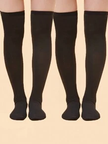2 đôi tất dài đến đầu gối sọc ba bất đối xứng, thời trang tối giản thường ngày để mặc hàng ngày - màu đen - Xem 1