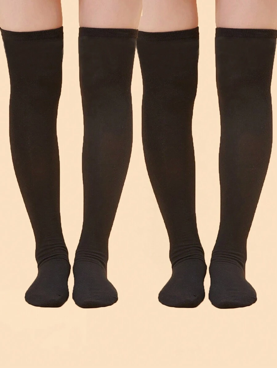 2 đôi tất dài đến đầu gối sọc ba bất đối xứng, thời trang tối giản thường ngày để mặc hàng ngày - màu đen - Xem 1