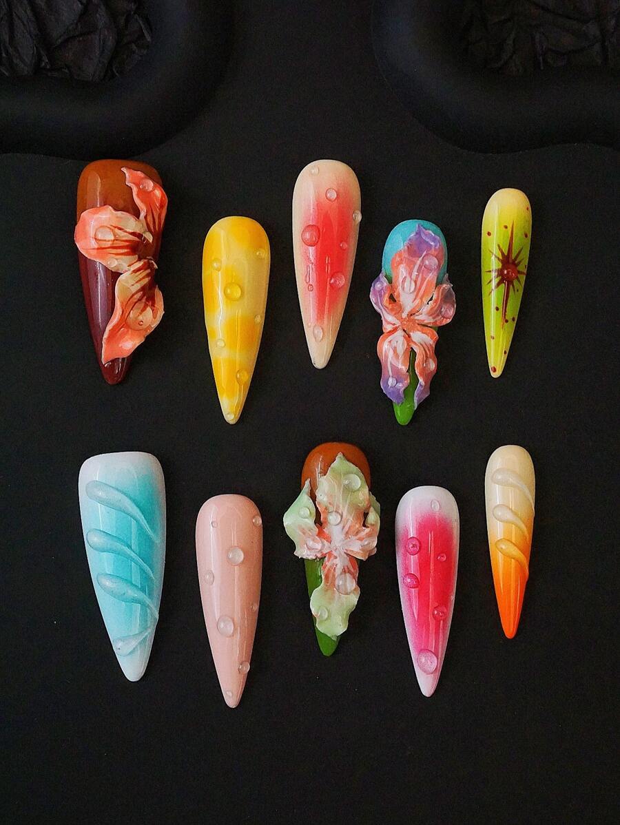 10 peças de pontas de unhas postiças com estampa floral tropical 3D em relevo, coloridas e coloridas, adequadas para mulheres e meninas, unhas postiças, suprimentos para unhas - Multicolorido - Ver 1