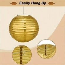 1/12 piezas Farolillos de papel, fáciles de colgar de 6", 8", 10" de diámetro, farolillos de papel chinos redondos, adecuados para fiestas nupciales, aniversarios y celebraciones, decoración interior/exterior, sin necesidad de electricidad - Dorado - Ver 5