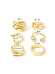6 件时尚金属水滴不对称戒指，时尚女士叠戴戒指 - 金色 - 查看 6