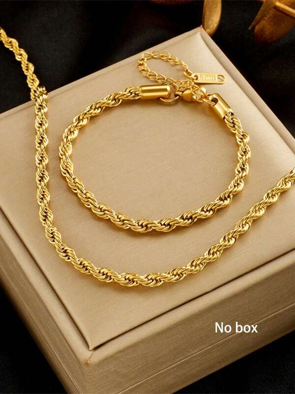 1 conjunto simples de colar de corrente trançada de aço inoxidável + conjunto de pulseira, acessórios elegantes de hip-hop