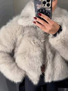 Women's Faux Fur Collar Solid Color Warm Coat For Autumn/Winter - Grey - View 7