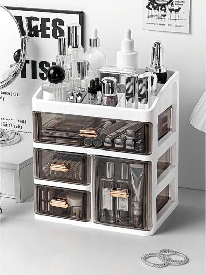 Large Capacity Dust-Proof Cosmetic Storage Box With Drawers, Multi-Layer Makeup Display Stand Suitable For Skincare And Lipstick Collection, Portable Plastic Vanity Holder, Suitable For Bathroom Essentials ,Jewellery Box,Pouch,Makeup Brush Holder,Brush Holder,Perfume Organiser,Pouch Bag