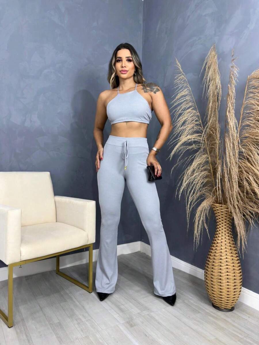Women's Set Flare Pants And Cropped Ribbed Fabric - Xám - Xem 1