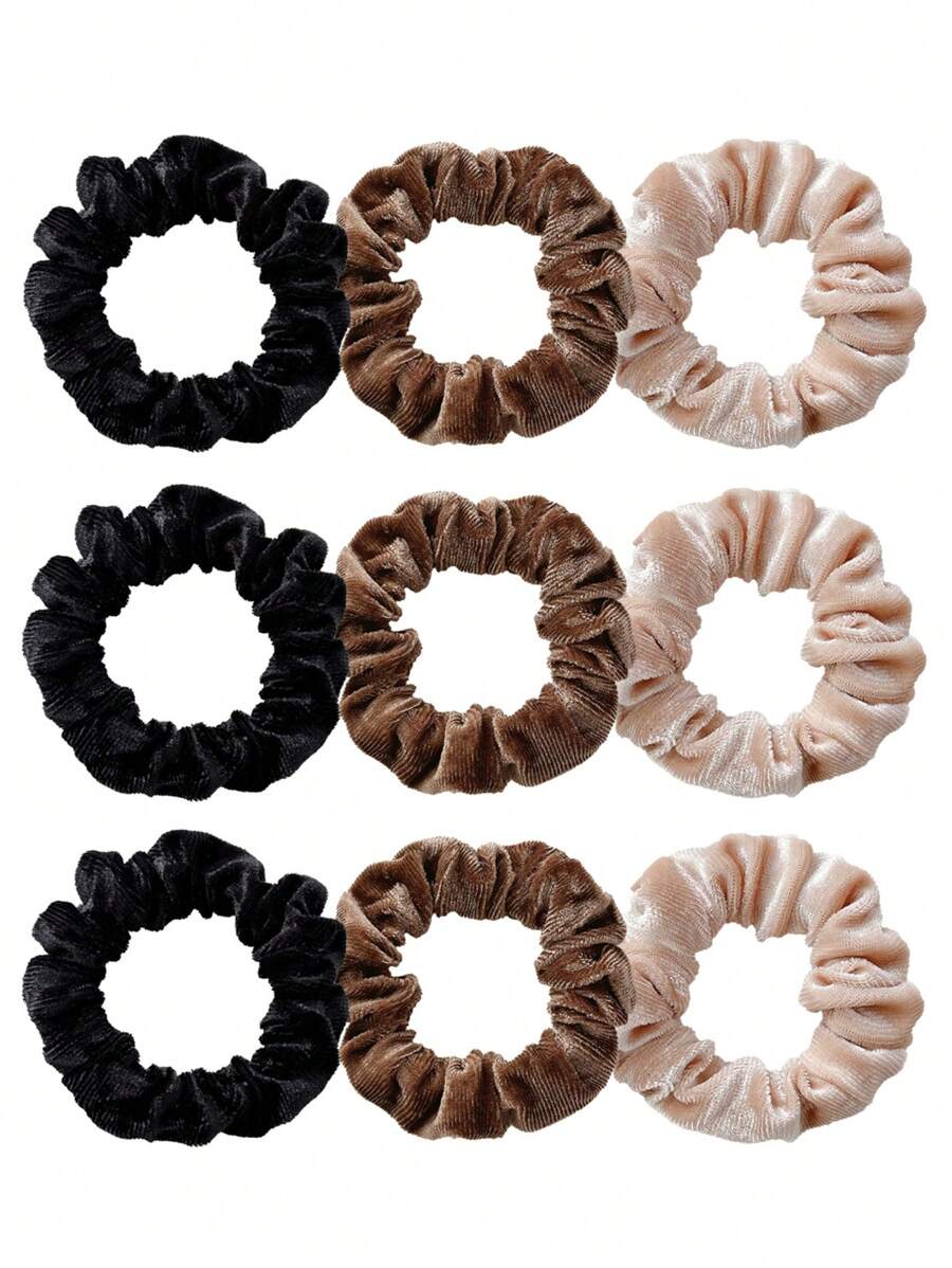 9 chiếc dây buộc tóc nhung màu cà phê lì cho nữ, phụ kiện tóc tối giản và đa năng, dây buộc tóc phong cách thanh lịch và mộc mạc - Nhiều màu - Xem 1