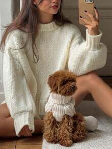 Series Round Neck Solid Color Casual Loose Knit Pullover Top For Girls - White - View 4