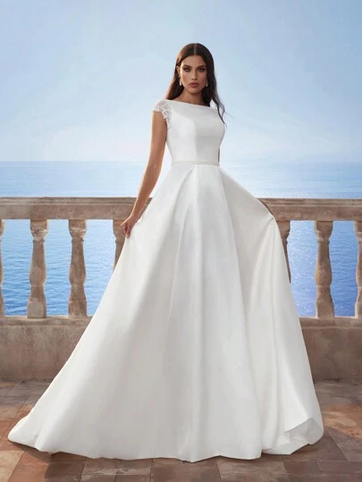 Women's Solid Color Cap-Sleeve Satin Minimalist Off Shoulder Evening Dress, Elegant Wedding Dress In White