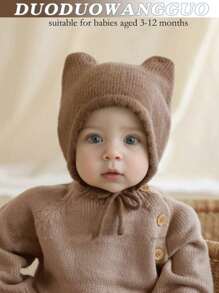 1pc Baby/Toddler Girls' Coffee Color Warm Knit Hat, Infant Winter Earflap Hat, Minimalist Design, Autumn/Winter