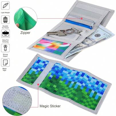 Ví vải canvas gấp ba cho trẻ em/thanh thiếu niên có nhãn dán và túi có khóa kéo, họa tiết ngẫu nhiên, màu sắc hơi khác nhau giữa các lô, thích hợp làm quà tặng sinh nhật hoặc Giáng sinh cho bé trai và bé gái