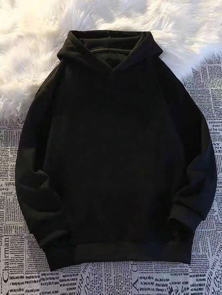 青少年男孩休闲连帽衫，带有个性图形设计，长袖，适合秋冬季 - 黑色 - 查看 1