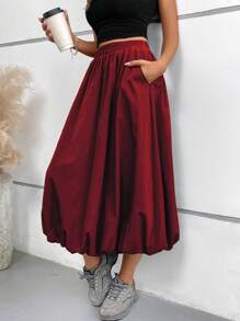 Women's Bubble Skirt Elastic Waist With Pockets Solid A-Line Long Skirts