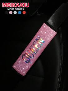 MEIKAXIU 1pc PU Sequin Colorful Shiny "QUEEN" Car Shoulder Cover, Auto Interior Accessory, Seat Belt Decor, Birthday Decoration