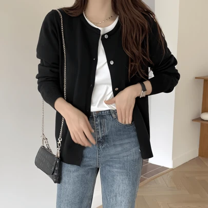 Cárdigan de punto para mujer, cárdigan con botones de color sólido para primavera y otoño, suéter de punto con cuello redondo