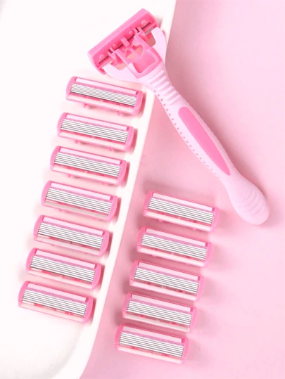 手动女士身体比基尼脱毛剃须 6 层不锈钢刀片可更换粉色剃须刀片，适用于理发沙龙美容旅行必需品的美发产品和配件