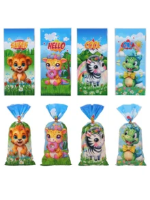 50 Túi kẹo hoạt hình 4 trong 1, Túi kẹo Opp, Sư tử, Khủng long, Ngựa vằn, Hươu, Túi quà tặng tiệc sinh nhật, Túi quà tặng bằng nhựa in, Đồ dùng tiệc có dây buộc xoắn - Nhiều màu - Xem 3