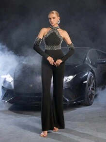 Faeriesty Stylish Rhinestone & Pearls Detail Elegant Long Sleeve Halter Neck Party Jumpsuit - Black - View 6