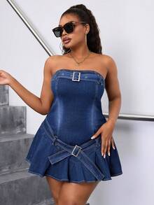 大码女式修身无袖牛仔抹胸连衣裙 - 藍色 - 查看 5