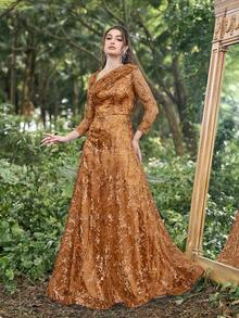 Faeriesty 亮片斜领口 3/4 袖礼服优雅舞会晚会婚礼宾客礼服，适合毕业典礼、晚宴