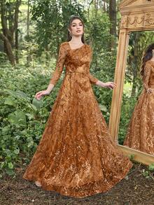 Faeriesty 亮片斜领口 3/4 袖礼服优雅舞会晚会婚礼宾客礼服，适合毕业典礼、晚宴