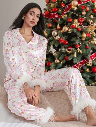 Women Christmas Satin Pajamas Set Christmas Tree Print Feather Trim Long Sleeve Button Down Shirts Tops And Wide Leg Pants Sets Fall Winter Sleepwear Nightwear Loungewear Xmas Holiday Y2K Two Pieces Pjs Matching Outfits Sets
