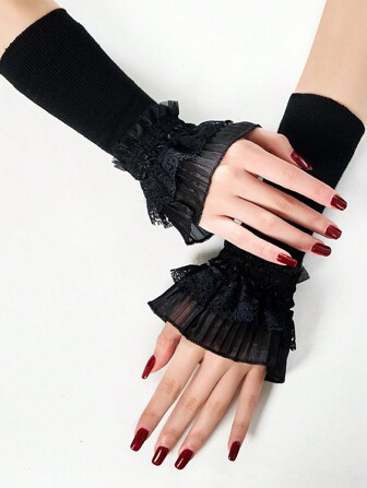 1 Pair Cute Knit Arm Warmers With Lace Cuff, Warm Women Sleeve Cuffs For Autumn/Winter