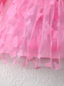 2pcs Newborn Baby Girls Pink Long Sleeve Round Neck Ruffle Trim Mesh Contrast Princess Party Dress Set, Spring/Autumn - Hot Pink - View 8