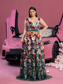 Faeriesty Luxe Plus 华丽方领花卉贴花刺绣舞会礼服 - 墨綠色 - 查看 4