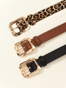 3 pièces Boucle carrée dorée, ceinture polyvalente pour le quotidien, convient aux robes, t-shirts, pantalons décontractés, ceinture de taille élégante et pour femmes, été, école