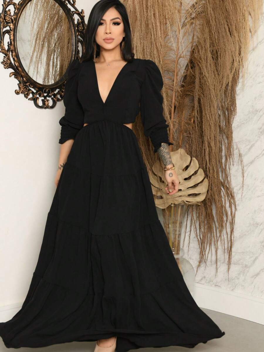 Long Puff Sleeve Dress With Front And Side Neckline. - màu đen - Xem 1