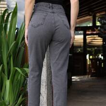 Calça Mom colorido Jeans Feminina Barrinha Dobrada Cintura Alta