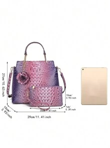 2-Piece Crocodile Print Handbag Set - Fashionable Vintage Style,Spacious, Secure, Ideal For Everyday Chic - 11# Tím + Hồng - Xem 8
