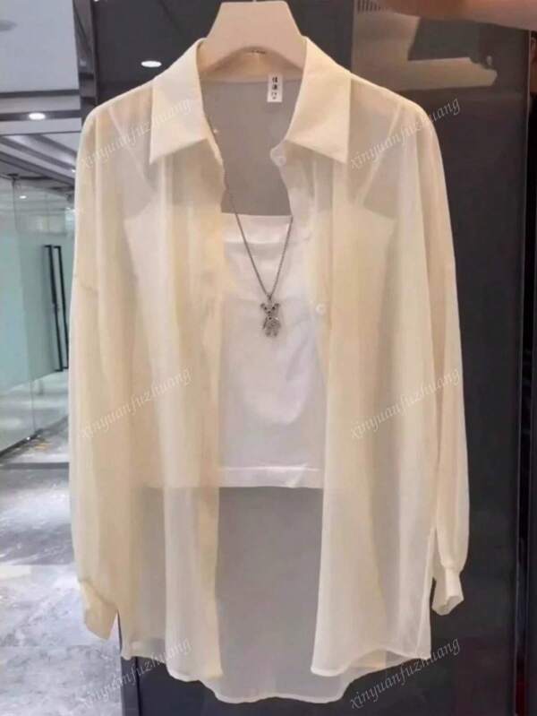 Camisa casual transparente com botões frontais e manga comprida lisa para mulheres
