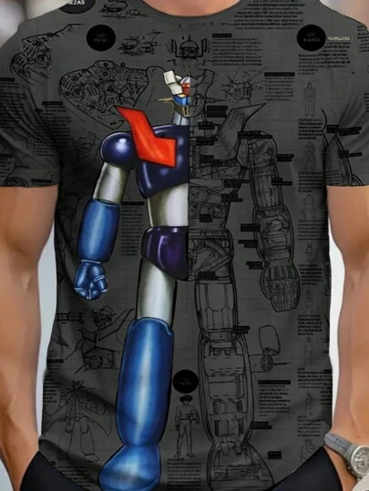 男士夏季休闲口号与机器人图案圆领短袖 T 恤